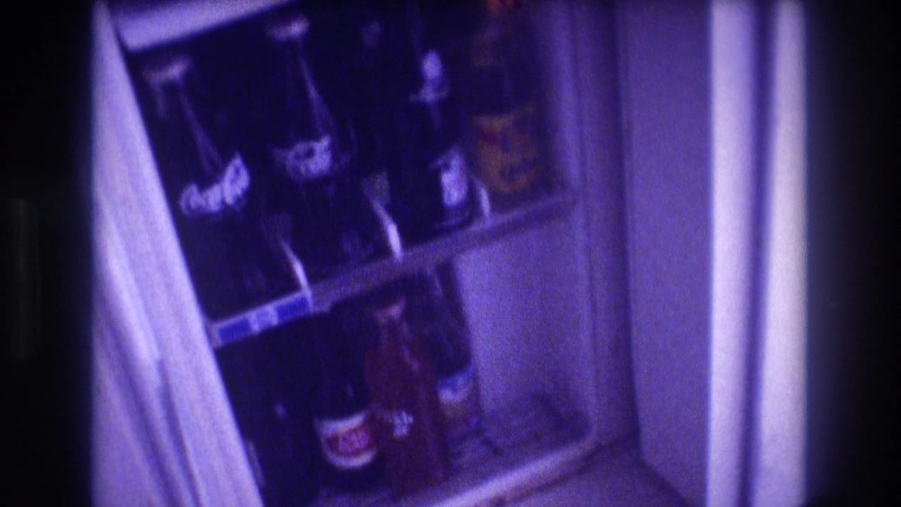 Interior of an open refrigerator showing bottles including a visible Coca-Cola label, with a purple color cast.