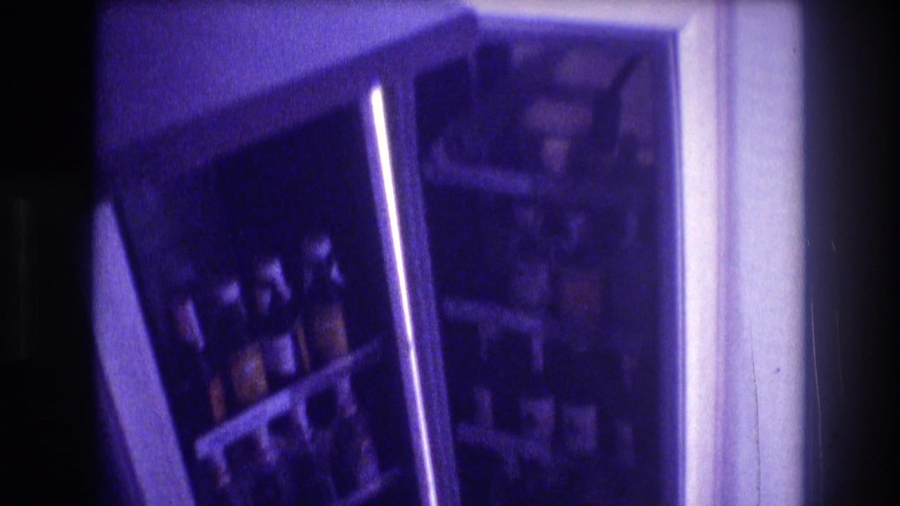 Refrigerator shelves stocked with bottles and cans, interior light visible, purple-toned film.
