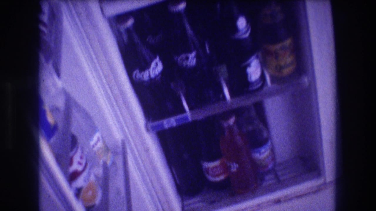 Refrigerator door and interior shelves holding dark glass soda bottles.