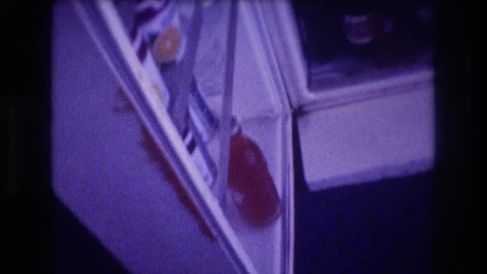 The final frame shows an open refrigerator door in 1982 Acapulco footage, with glass soda bottles, door compartments, and a red container visible near the lower edge.