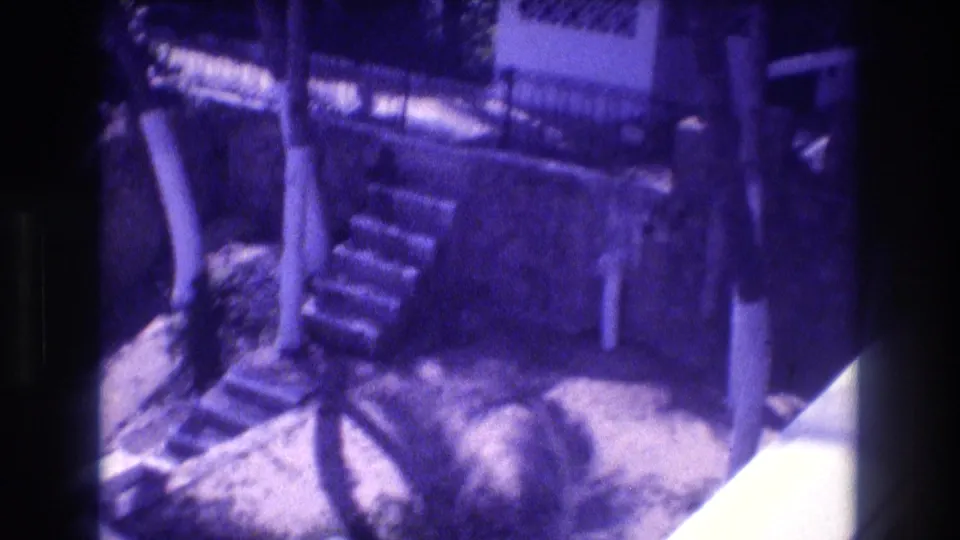 Hotel courtyard at 1982 Acapulco resort; palm tree trunk, exterior staircase, and sandy ground visible; heavy blue-purple aged-film tint; partial vehicle at frame edge.