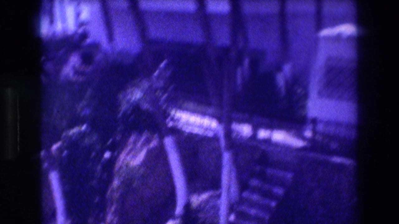 Purple-tinted 8mm frame showing palm trees and a staircase exterior with heavy motion blur.