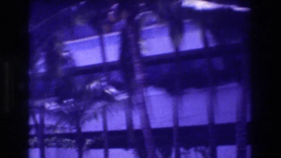 Purple-shifted 8mm home movie frame circa 1982 showing a tropical resort pool and palm trees viewed through window bars or a fence, likely Acapulco.