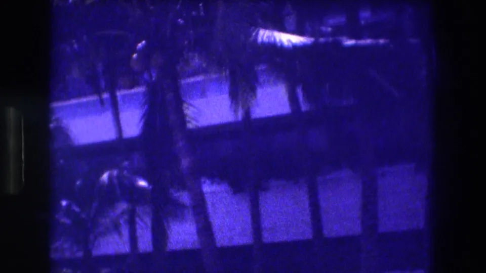 Purple-shifted 8mm home movie frame circa 1982 showing palm trees and resort pool through window bars with a film light-leak artifact, likely Acapulco.