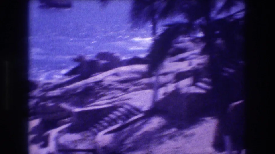 Heavily blurred 8mm frame showing rocky shoreline, wave action, and palm trunks in a rapid pan, consistent with stormy coastal conditions in a tropical setting circa 1982.