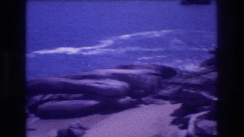 Mid-pan 8mm frame from Acapulco, Mexico, circa 1982, showing large dark boulders dominating the rocky coastline with open ocean above and a palm frond at the right edge.