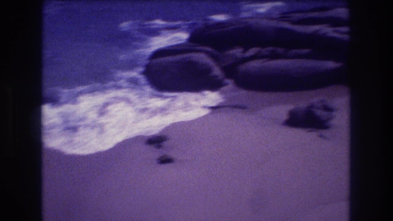 Dark boulders and white breaking surf on a sandy beach, pronounced purple color shift, 8mm home movie, Acapulco, Mexico, 1982.