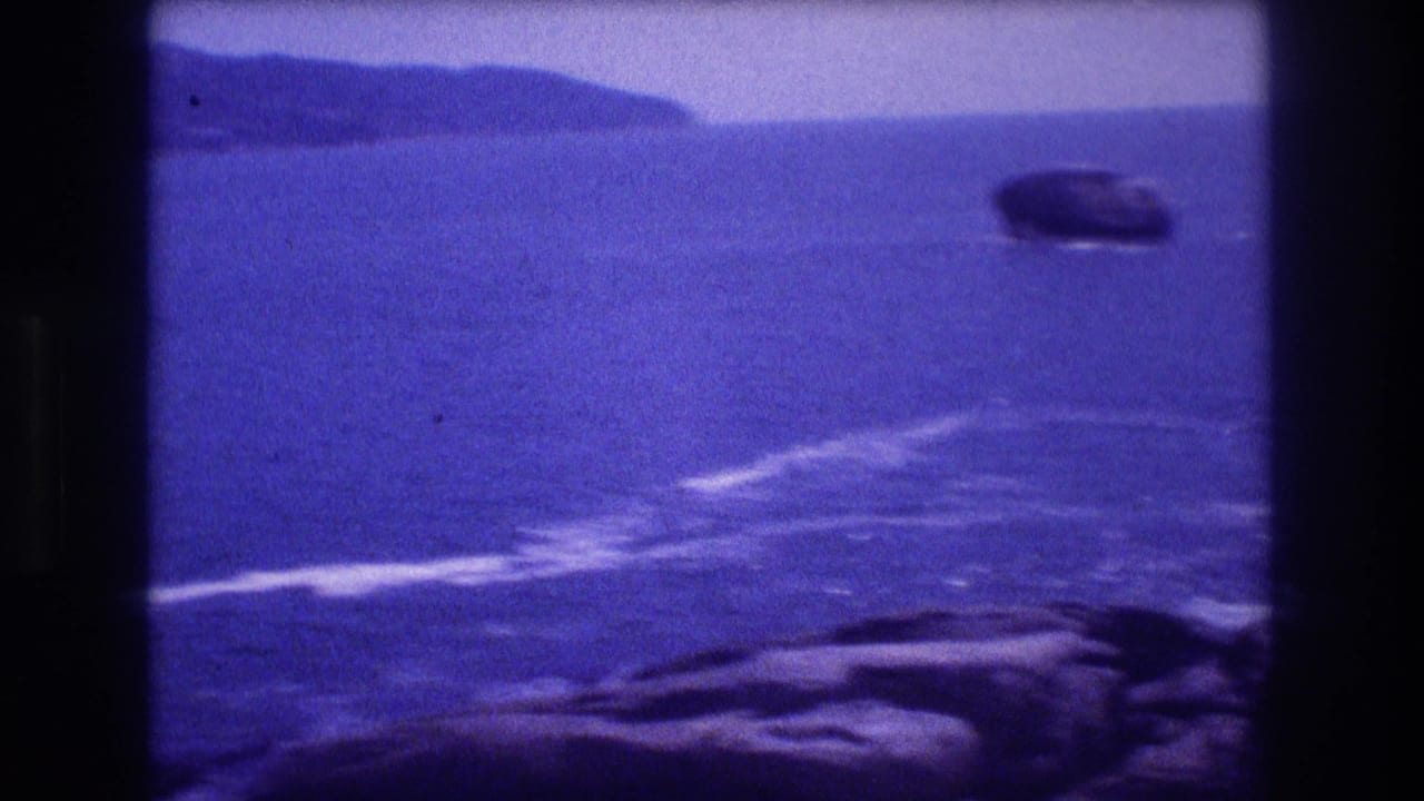 8mm home-movie frame from Acapulco, Mexico, circa 1982: rocky cove foreground, open ocean with a distant boat, and hazy foothills beyond.