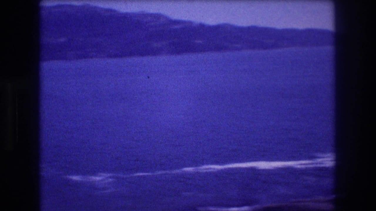 Open ocean bay with rolling waves and hazy foothills; purple-tinted 8mm frame mid-pan.