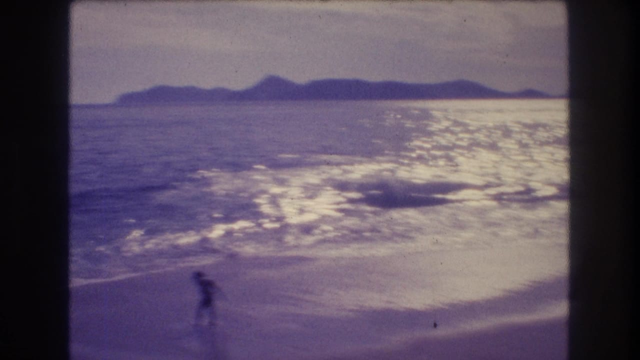 Small silhouetted figure near the shoreline with rolling waves, shimmering sunlit ocean, and a dark mountainous headland on the horizon.
