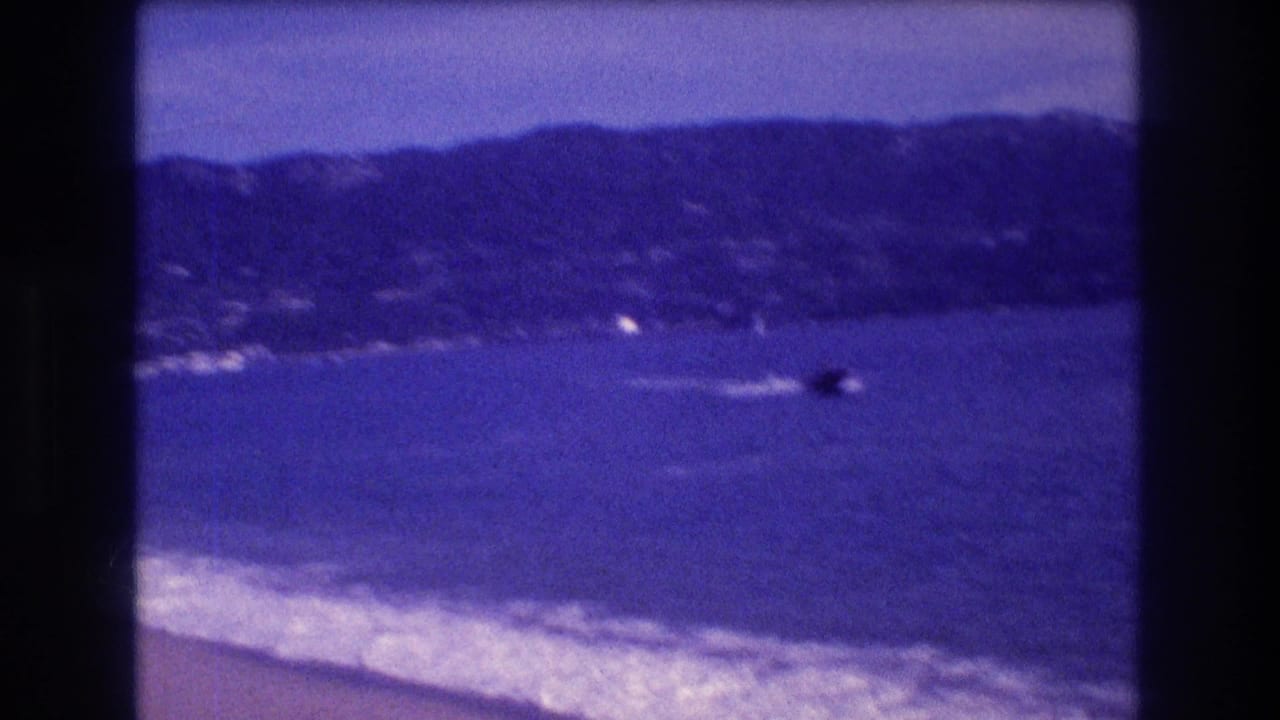 View over ocean bay with surf breaking on sandy beach and mountains in background; aged blue 8mm color cast; small dark vessel barely visible on water.