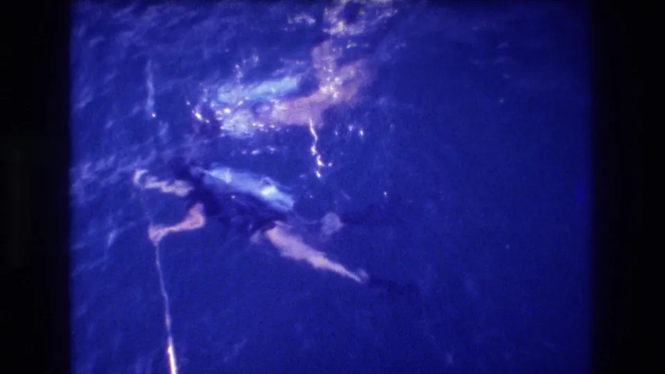 Two swimmers spread apart in blue-cast ocean water; a blue flotation ring is visible near one figure, 8mm home movie, Acapulco, 1982.
