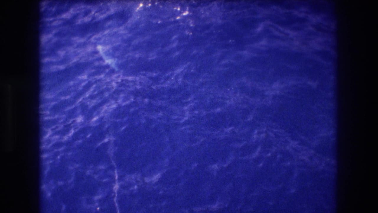 Super 8 home-movie shot of open ocean surface showing wave ripples and a faint pale shape beneath the water, possibly Acapulco 1982.
