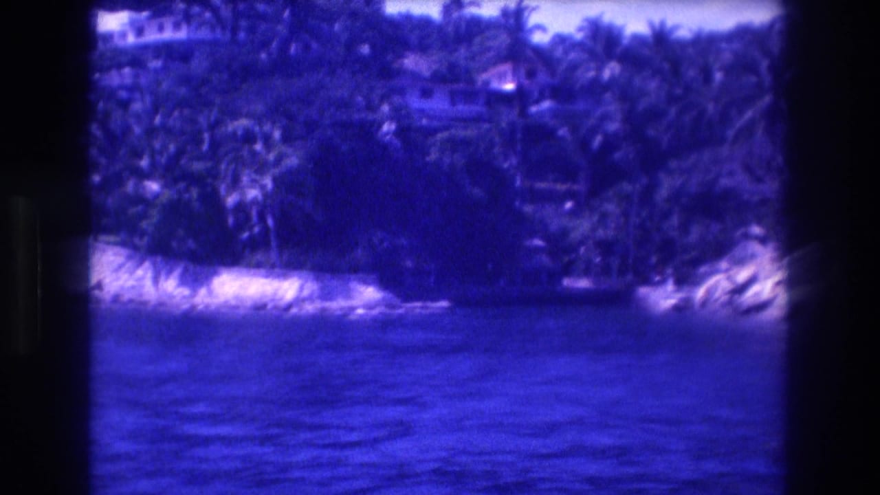 8mm view from a tourist boat toward a palm-fringed rocky shoreline in Acapulco, Mexico, circa 1982, with characteristic blue color shift.