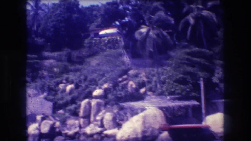 Acapulco, Mexico, 1982 — wider pan frame showing rocky tropical waterway with palm trees and partial background structures; red element possibly a watercraft hull.