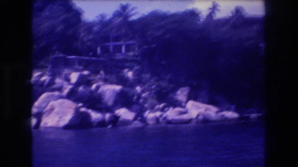 8mm home-movie frame from a boat showing a boulder-strewn tropical shoreline with thick palm-tree cover, Acapulco area, circa 1982.