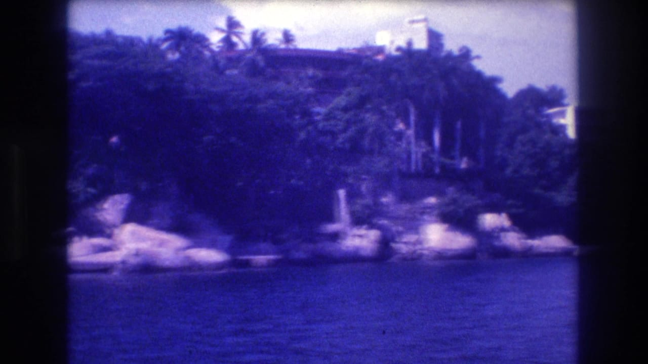 8mm boat-level view of a rocky tropical headland covered in palm trees, with a faint white structure glimpsed through the canopy, Acapulco area circa 1982.