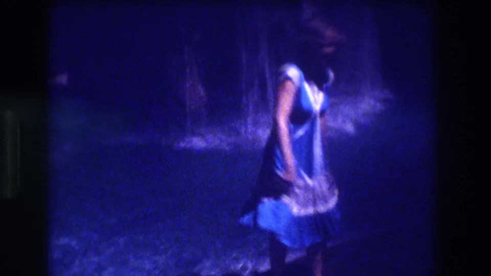A woman in a light-colored dress stands before a waterfall captured on blue-cast 8mm film, likely Acapulco, Mexico, circa 1982.