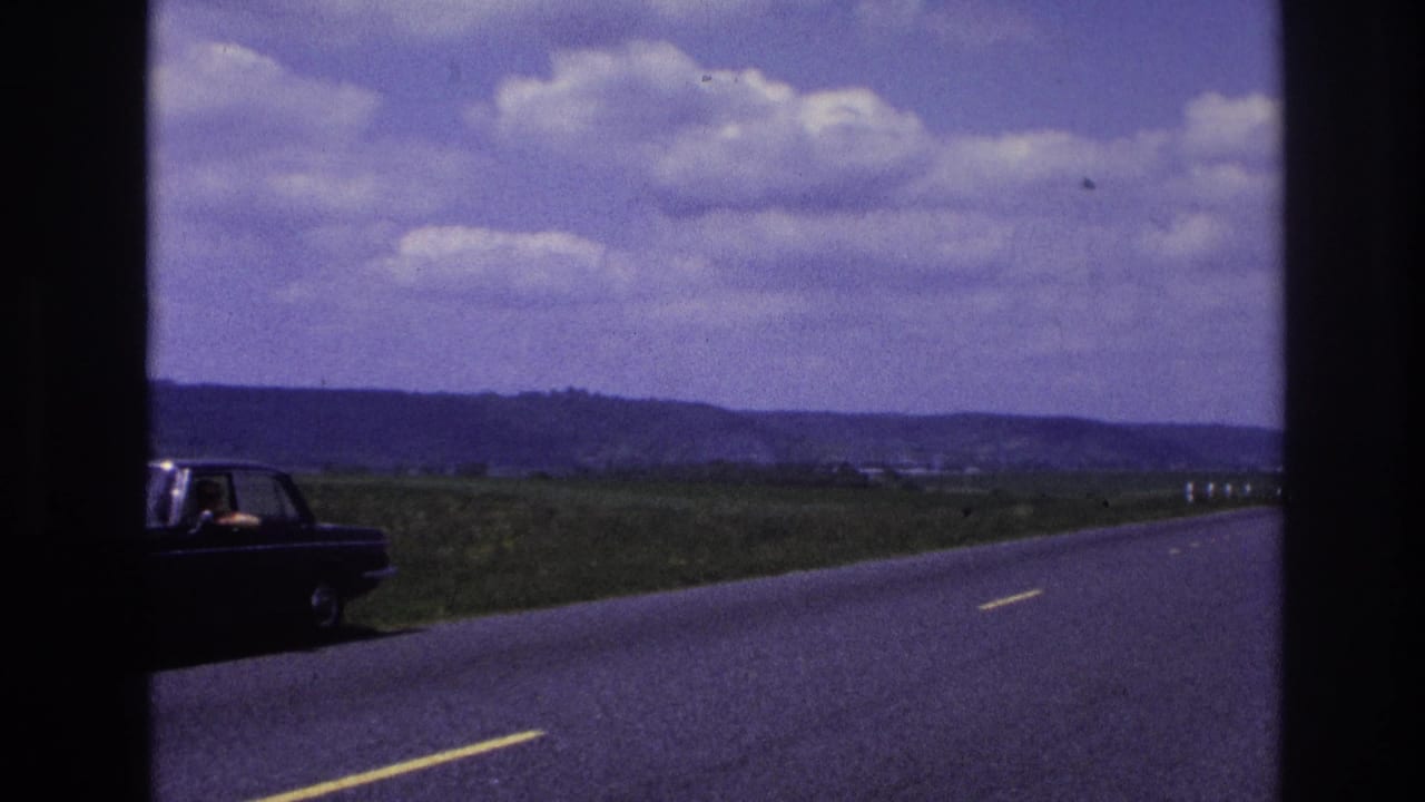 Dark sedan stopped beside a rural road with a person visible at the window.