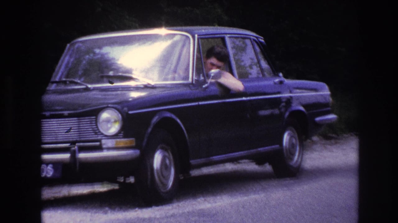 Dark blue 1960s European sedan stopped on a rural road, man visible through driver's open window, partial license plate at lower left.