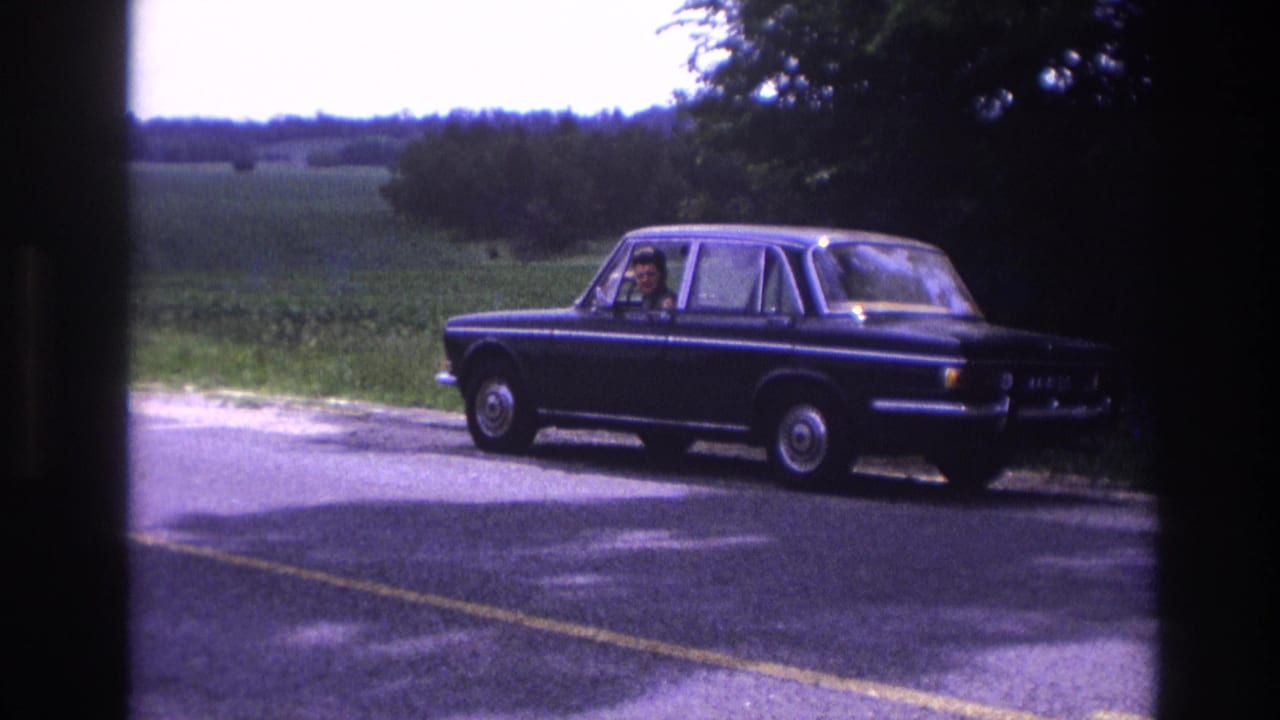 Dark European sedan on a rural road from a frontal angle, driver visible through windshield, green fields and trees behind.