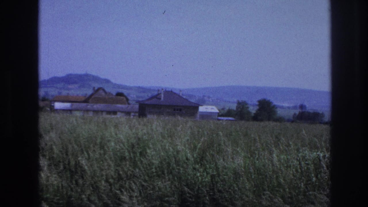 8mm home movie frame showing a dense grass field with a farm barn and rural house in the midground and low hills in the background, France, 1967.
