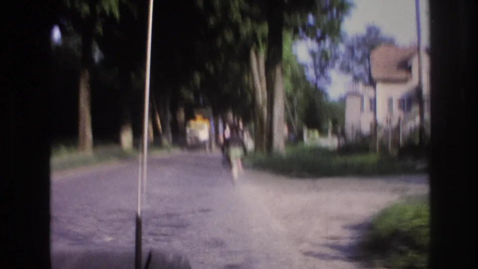 Moving-vehicle POV on a tree-lined road, cyclist receding into the distance with yellow vehicle visible ahead; rural France circa 1967, late in the 5-second clip.