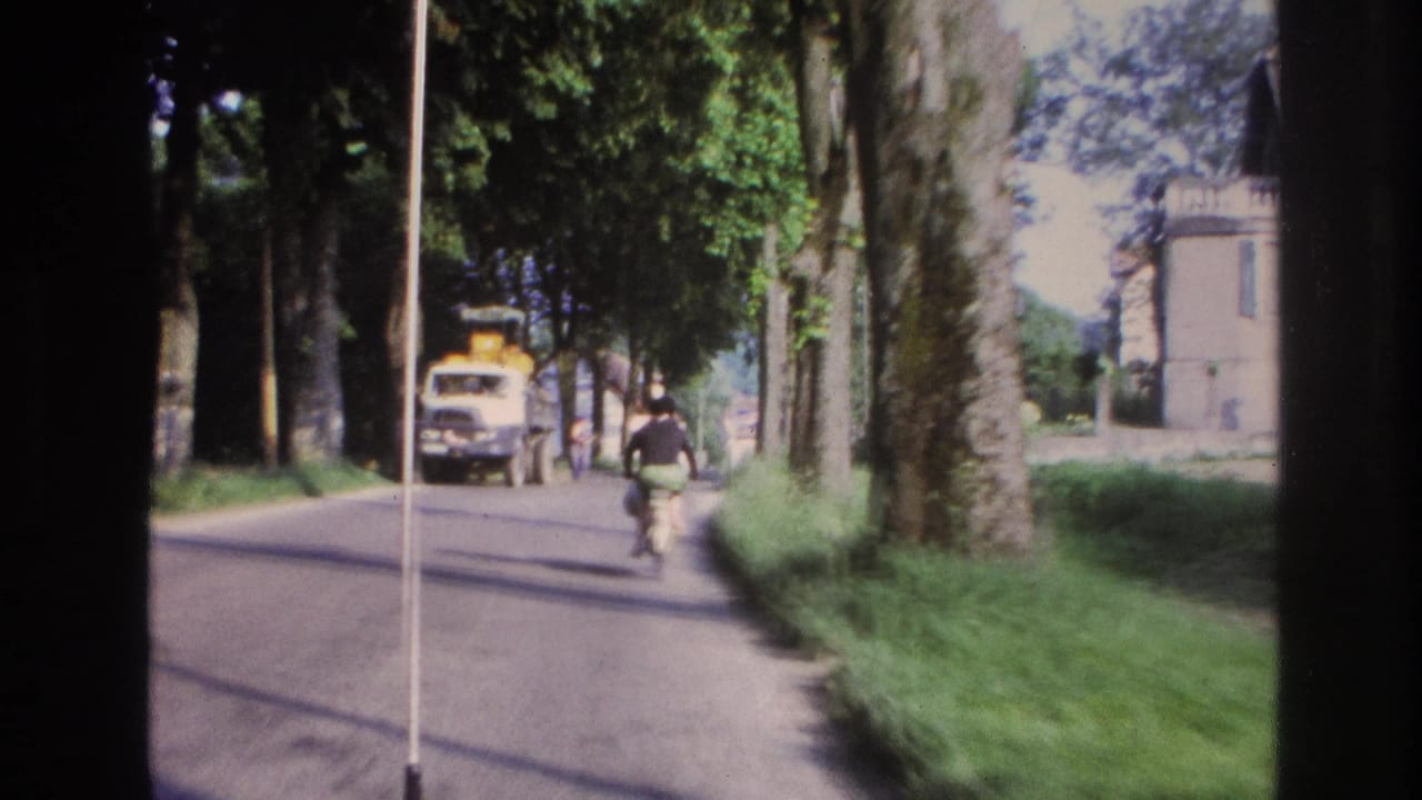 8mm frame, France 1967: cyclist moving away from camera under a canopy of mature trees, yellow commercial vehicle visible ahead on road.