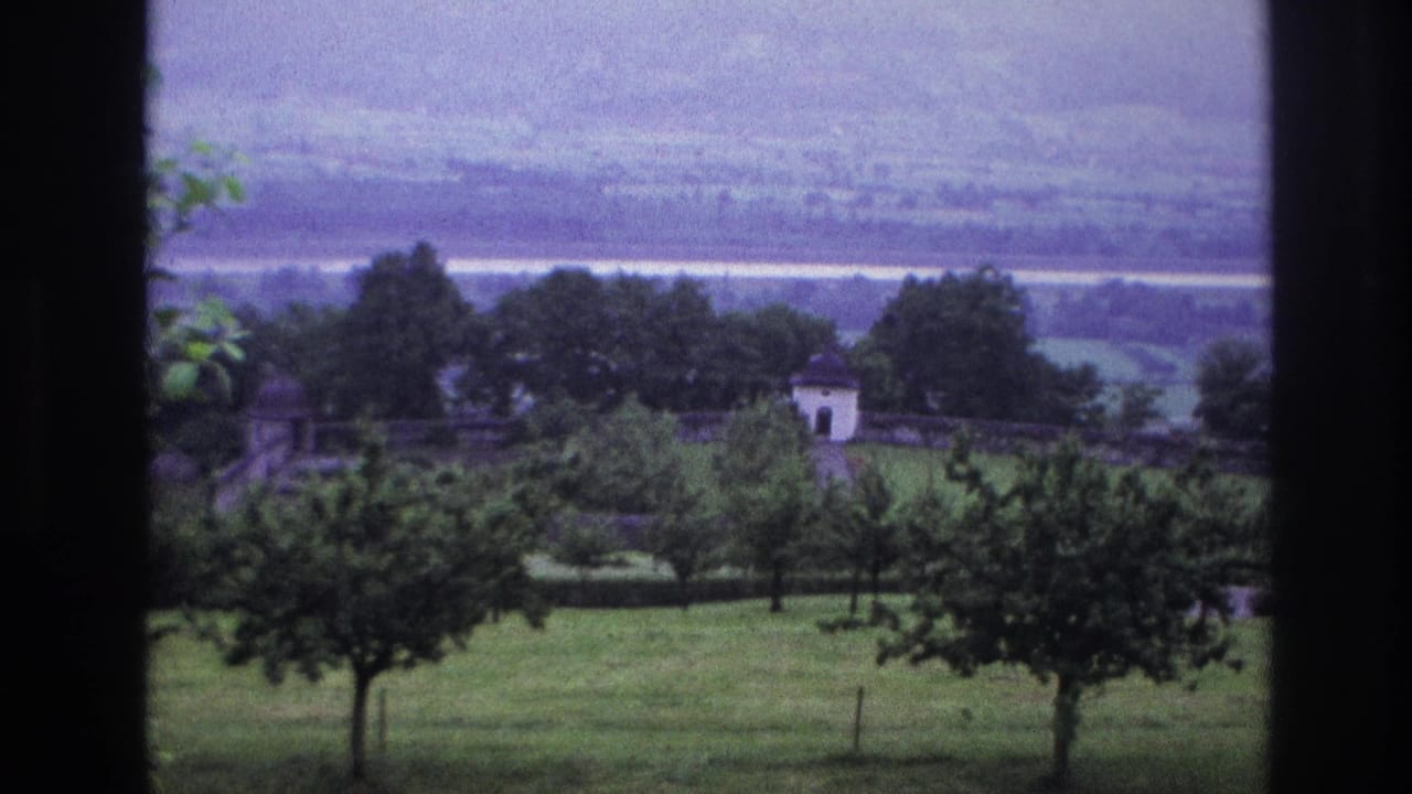 8mm home movie frame from France, circa 1967: summer landscape overlook with foreground trees, a white-roofed structure, and a wide valley under a pale overcast sky.