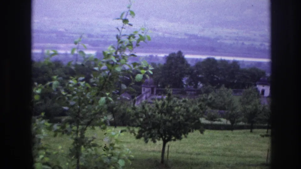 Closing 8mm frame from France circa 1967: sapling in close foreground, stone terrace and white-roofed structure in midground, wide hazy valley and overcast sky beyond.