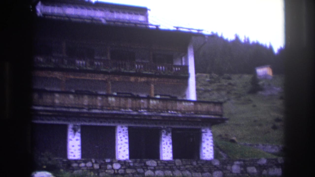 Same alpine chalet from a slightly shifted angle; wooden balconies, stone base, forested slope behind, purple color cast.