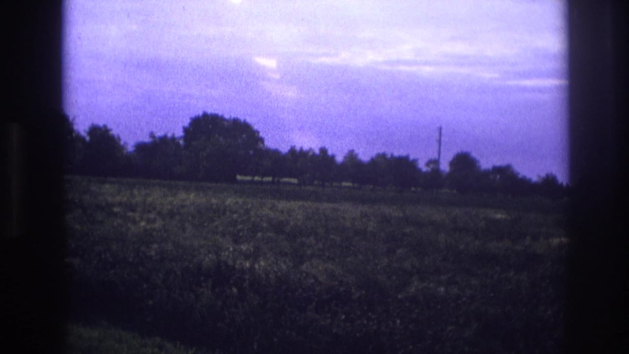 8mm home movie frame, rural France c.1967 — flat crop field beneath a purple-cast overcast sky with distant tree line and utility pole.