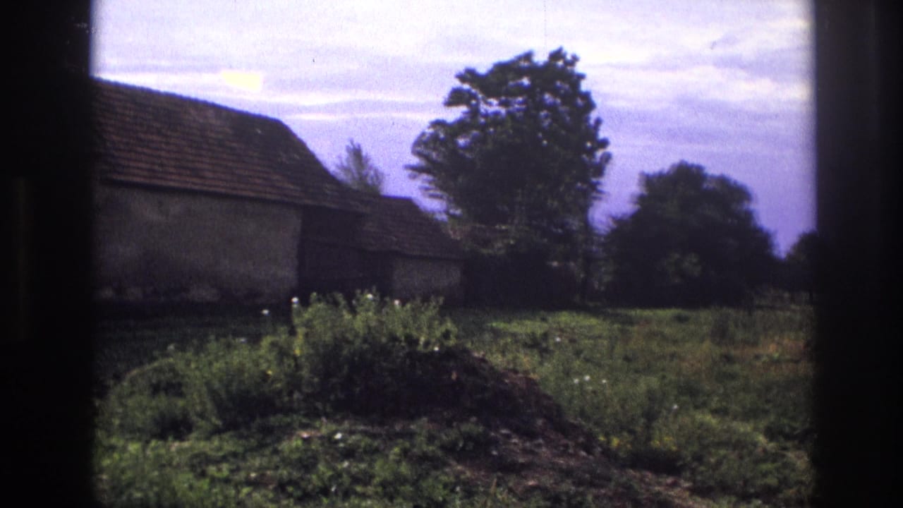 1967 France 8mm view of a rustic countryside house with a tiled roof, garden growth, trees, and dark film borders.