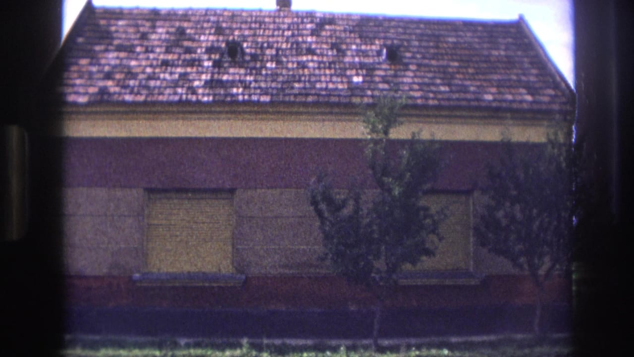 Weathered house facade with boarded windows, tiled roof, small trees, and dark vertical border.