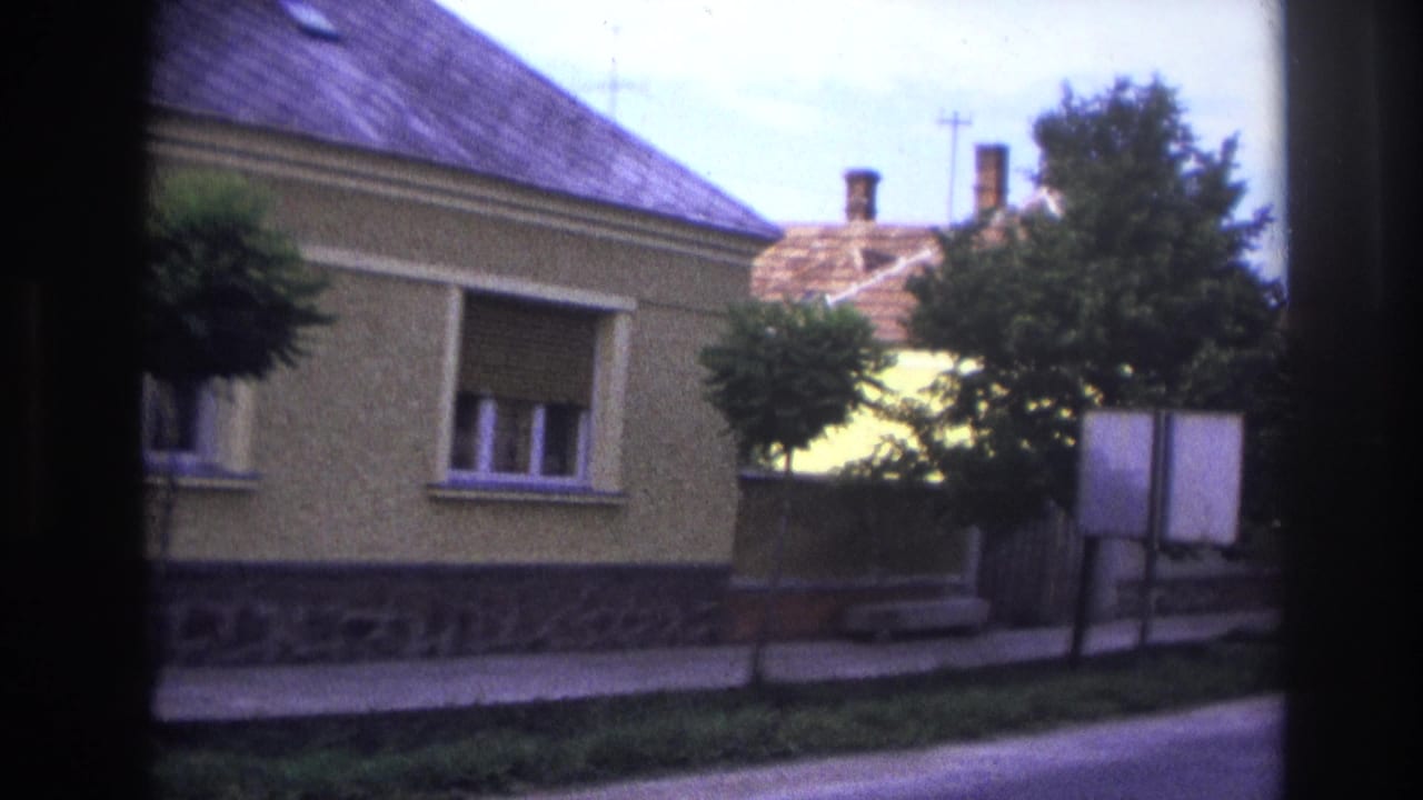 Residential street with stucco house, trees, fence, and roadside sign boards.