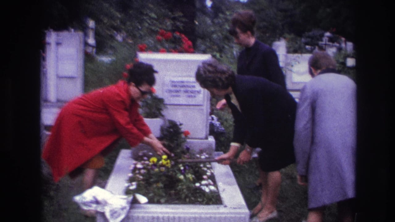 Adults in a French cemetery stand close to a white headstone while a woman in red arranges flowers on the grave.