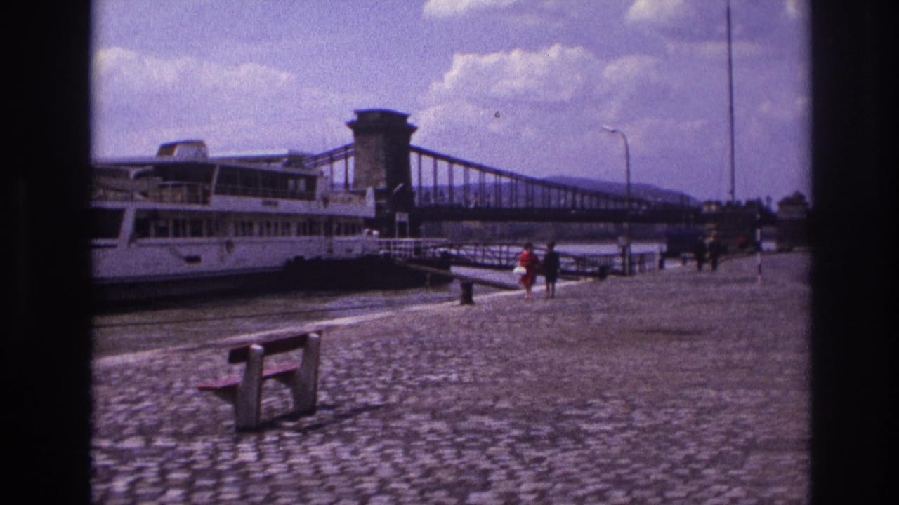 Two adults walk along the quay near a docked riverboat and suspension bridge.