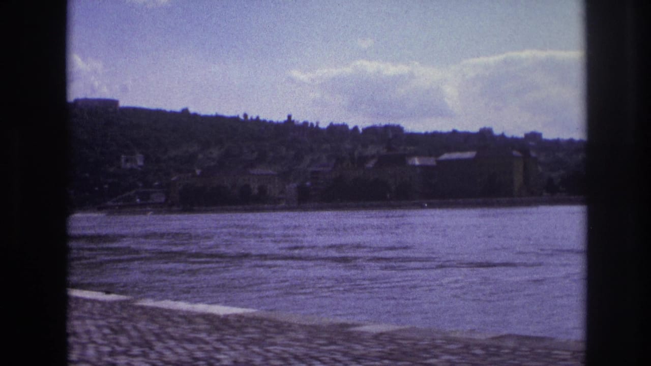 River and embankment with a wooded hillside and small buildings across the water.