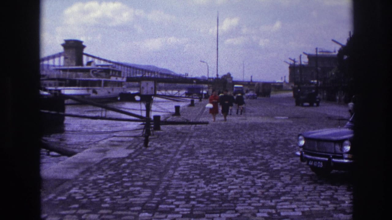 A small group walks on the riverside road while cars and a bridge appear in the background.