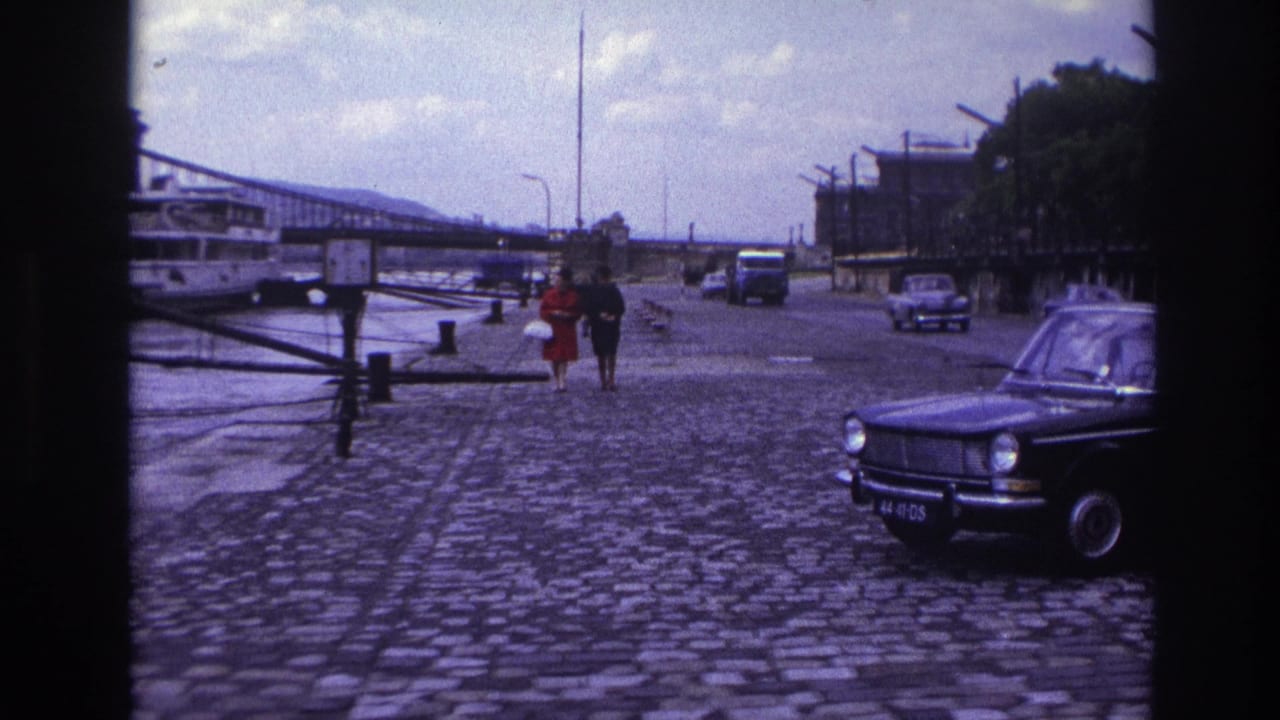 Couple on the quay with a parked sedan at right, riverboat at left, and vehicles in the distance.