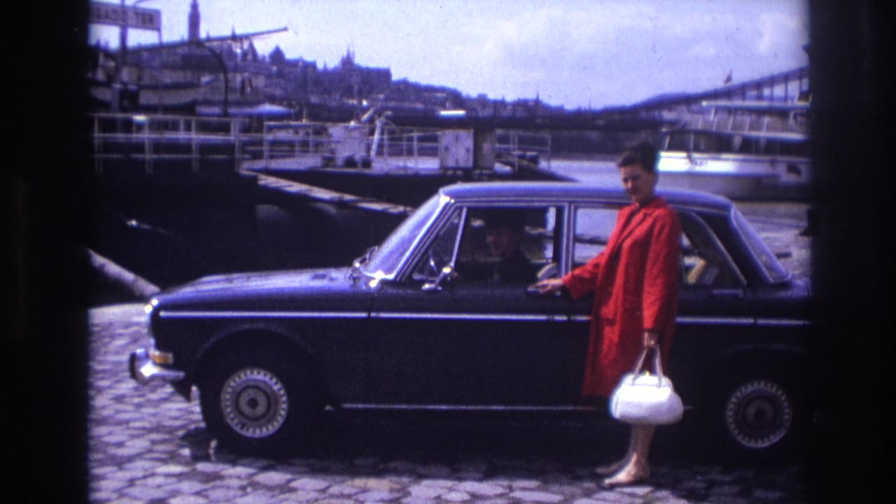 Woman in red stands by the side of a dark sedan with a driver visible and waterfront structures behind.