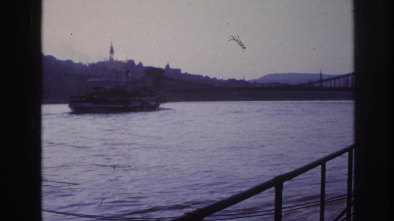 Ferry on the river with a suspension bridge and city skyline behind it.