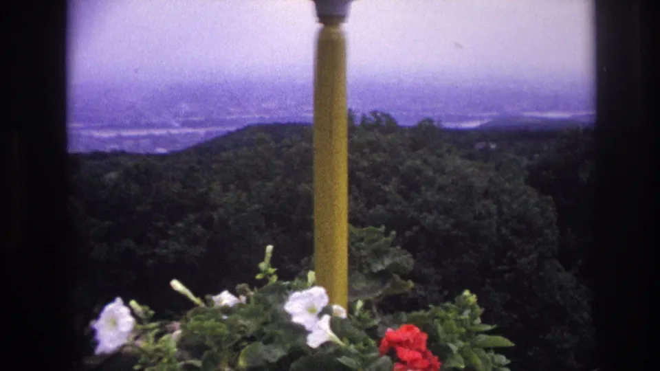 1967 France home-movie view with a yellow post, red and white petunias, wooded hills, and distant haze.