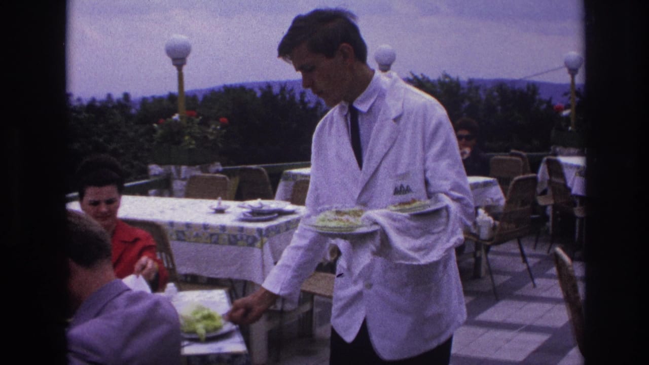 The waiter serves food to diners at a French outdoor restaurant terrace, with hedges, lamps, and hills behind the tables.