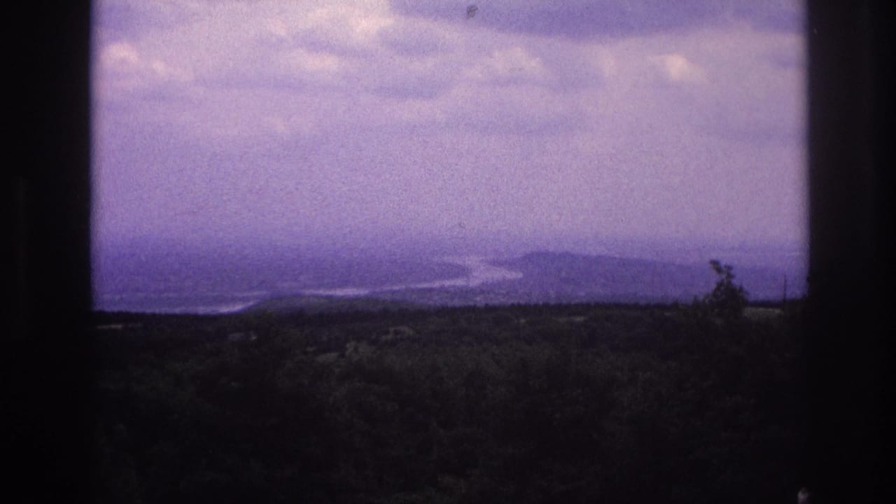 Distant winding river and low hills viewed across dark trees and vertical frame shadows.