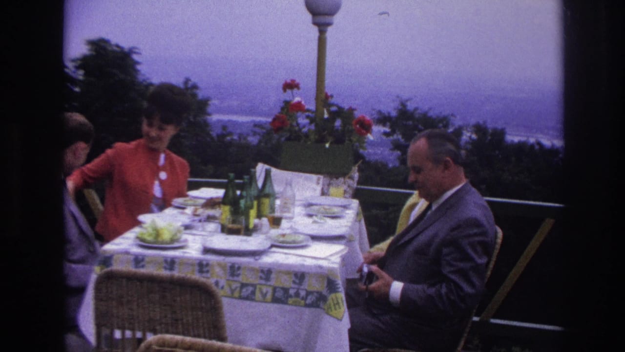 Woman in red and man in dark suit sit at a terrace dining table with bottles and plates near a coastal view.