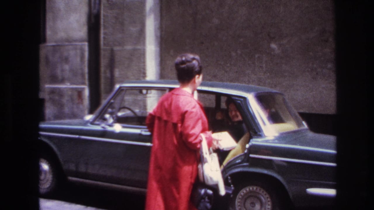 The woman in the red coat stands at the open rear door of a dark sedan, with occupants visible through the windows.
