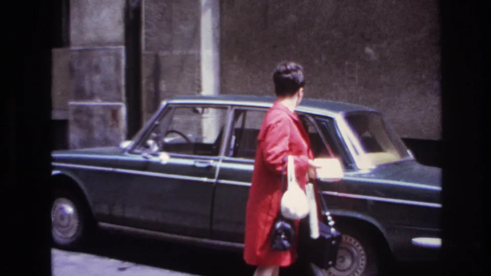 The woman in red remains on the street beside the dark sedan, with the rear door now closed and the car interior partly visible.