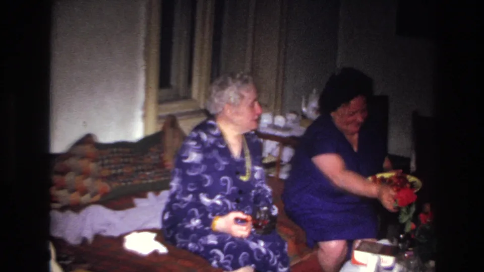 At the end of the 1967 France clip, the women remain seated as one reaches toward red flowers or a nearby table with her plate.