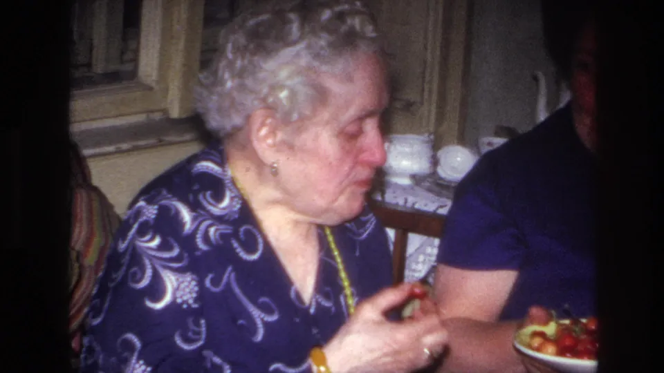 A closer 8mm frame from the French home interior shows an older woman in patterned blue clothing holding a small piece of food.